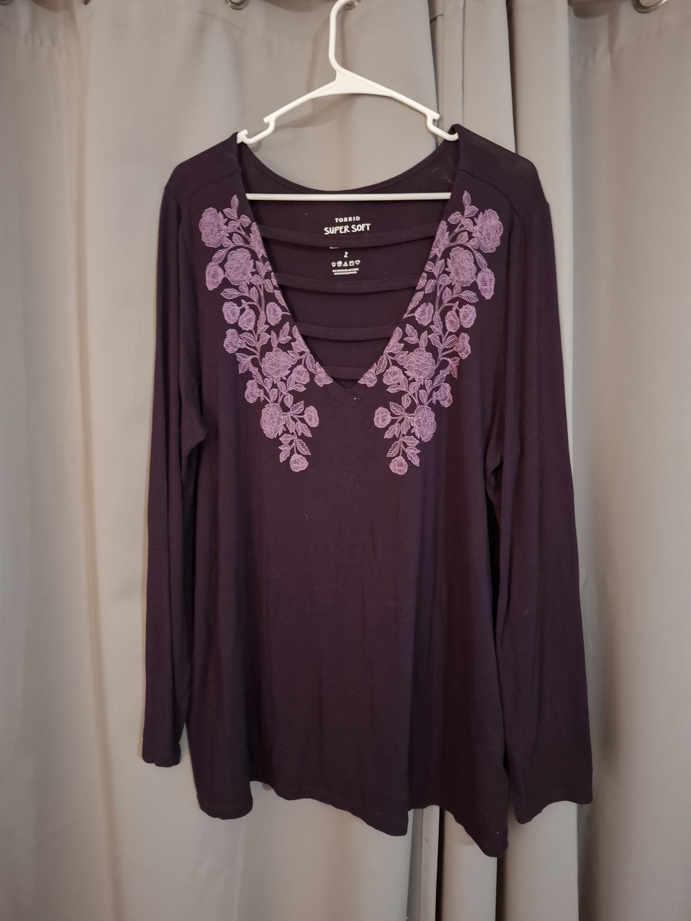 Torrid Super Soft Purple V-Neck Embroidered Long Sleeve Top